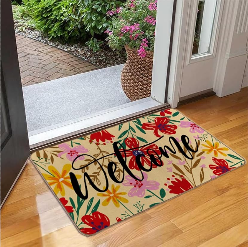 Floral Door Mats 30x17 inch Spring Indoor Outdoor Flowers Rug Summer Red