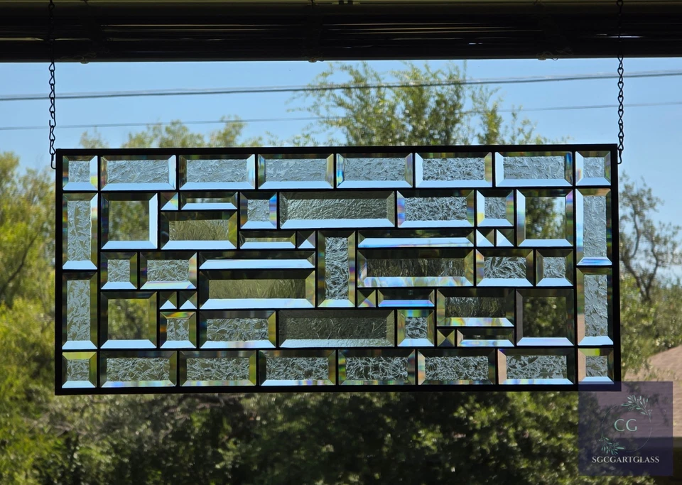 Contemporary clear stained glass panel, rectangular window hanging,28 1/2x12 1/2 - Image 2 of 4