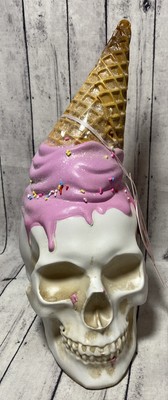 Summerween Skull Pink Melted Ice Cream Cone Decor Halloween