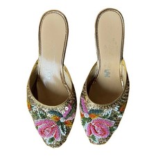 Vintage Beaded Floral Wedge Mules Gold Sequin Embroidered Sandals Petite Size 5