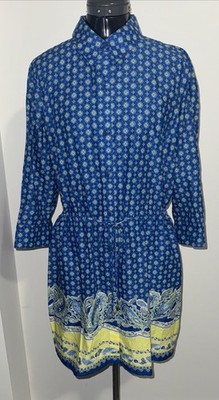 Lands End Geometric Paisley Collared Cotton Button Front Shirt Dress MP