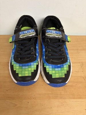 Kids Skechers Mine-Craft Athletic Sneakers Blue Green Black US Size 2 Pixelated