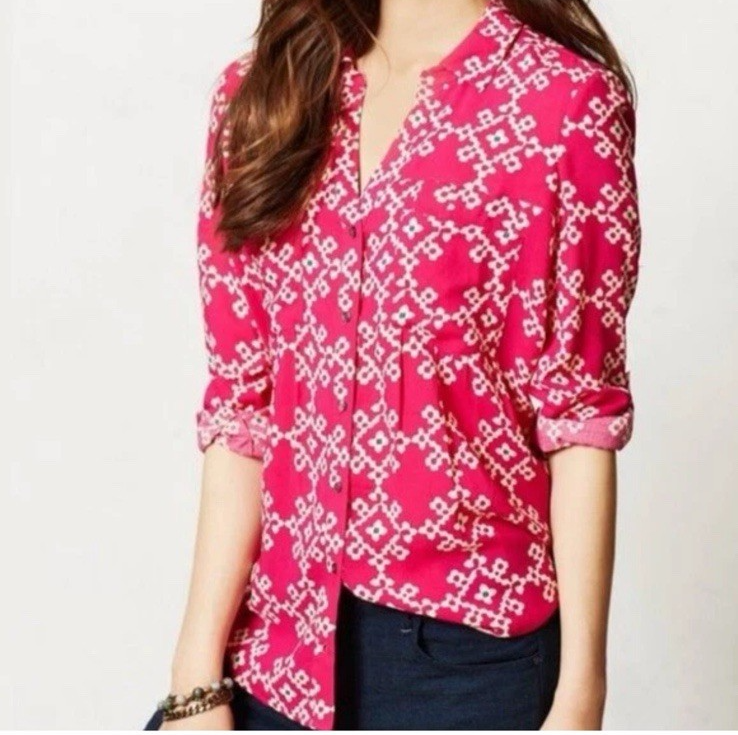 Maeve Anthropologie Floral Geometric Button Down Blouse in Fuchsia Hot Pink Size 0