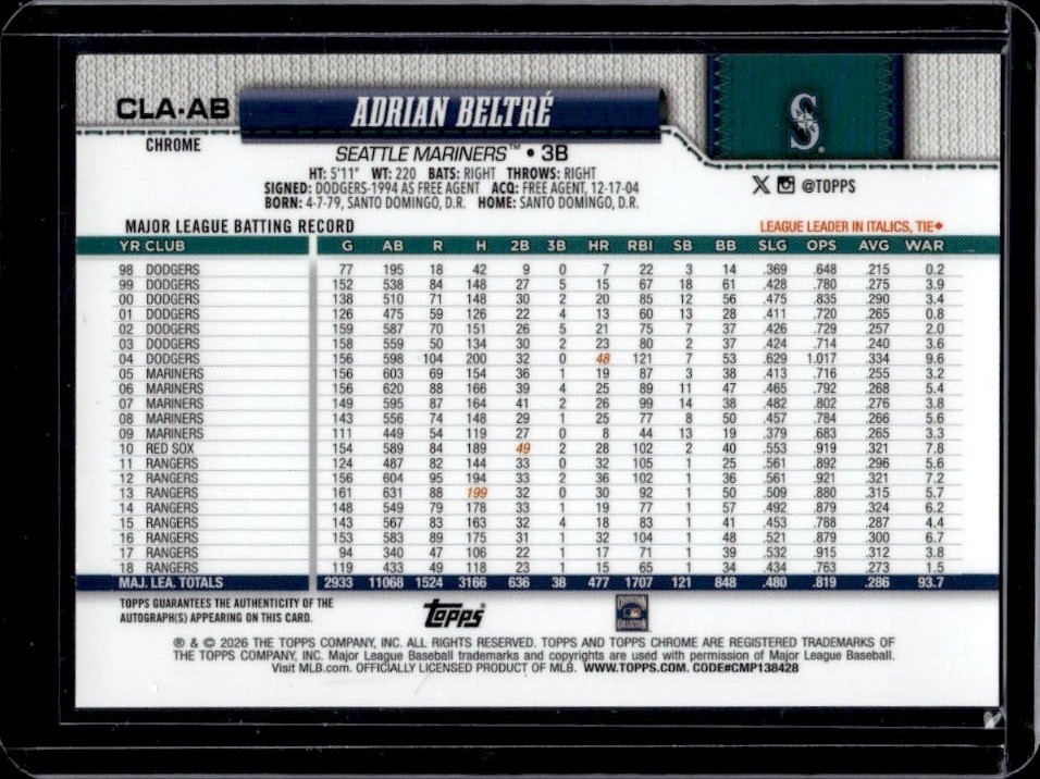 2026 Topps Chrome Adrian Beltre Legend Auto Gold Refractor SSP #/50 Mariners view 2