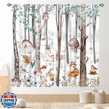 Woodland Curtains for Kids Room Nursery, Rustic Woodland Wild Animals Waterco