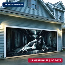 Halloween Garage Door Cover, 7x16Ft Scary Female Ghost with Bloody Eyes Double C