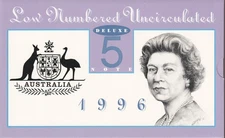 1996 Australia $ 5 Deluxe Low Numbered UNC Banknote - AA96 Black Serial
