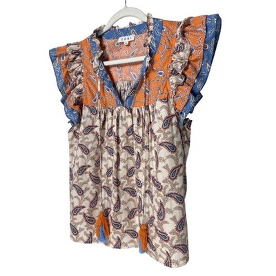 THML Womens Paisley Flutter Sleeve Ruffle Neck Tassel Tie Blouse Orange Blue L