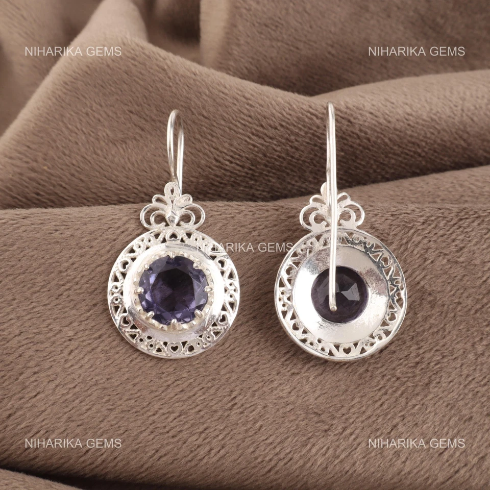 Redondo Natural Iolita 925 Plata de Ley Cumpleaños Gancho Colgante Elegante - Imagen 3 de 4