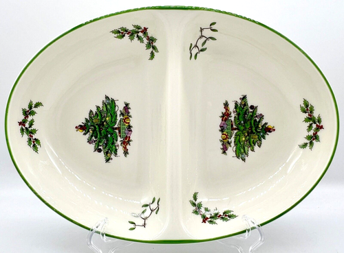 SPODE CHRISTMAS TREE DIVIDED OVAL BAKING SERVING DISH; ENGLAND; EXCELLENT COND - Picture 3 of 15