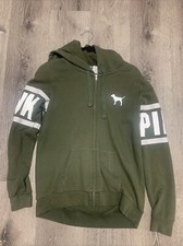 Victoria Secret PINK Army Green Full Zip Up Hoodie Sweatshirt SIZE Small