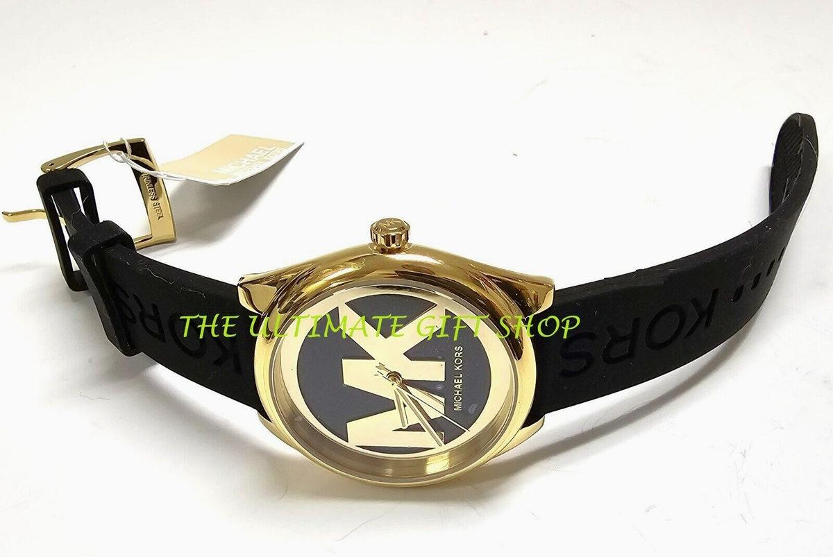 MICHAEL KORS BLACK JANELLE SILICONE BAND,GOLD TONE 'MK' LOGO DIAL