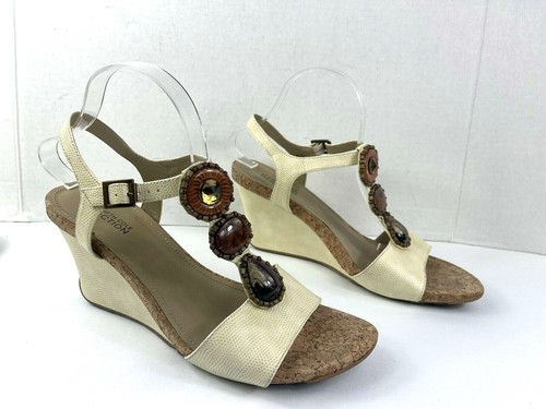 Kenneth Cole Reaction Sandals Women 10 M Seeking Cedar Shoe Tan Bead Snake Wedge - Picture 2 of 12