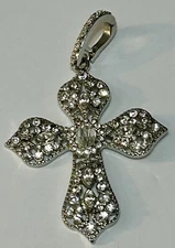 Striking Filigree Silvertone White Clear Crystal Rhinestone Cross Pendant