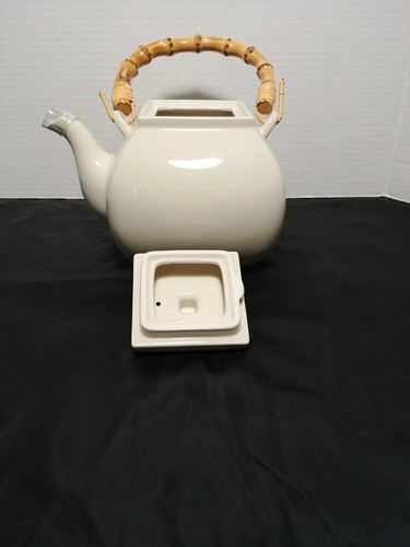 Teiera ceramica avorio quadrata asiatica fienile manico bambù servizio con coperchio - Foto 7 di 10