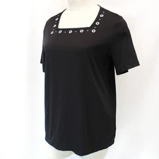 Quacker Factory Plus Black Square neck Swarovski detail Shirt Top Tee Slits 3X
