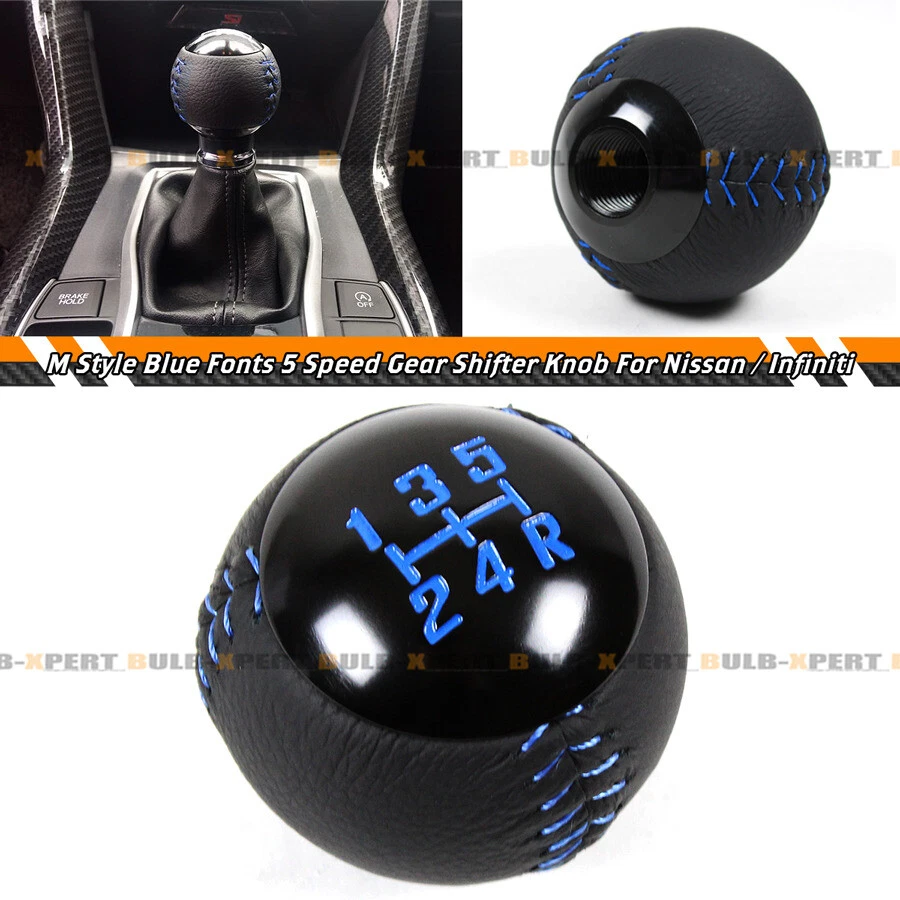 Perilla de cambio manual redonda de 5 velocidades de cuero con costura azul para Nissan Infiniti Foto 2 de 4