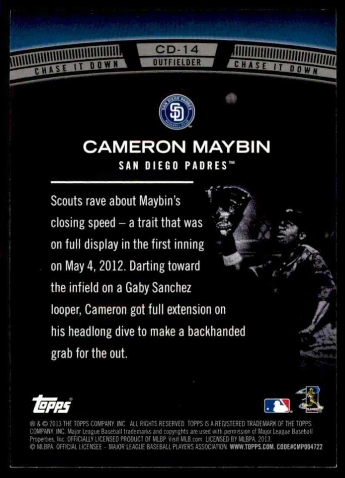 2013 Topps Chase It Down Cameron Maybin San Diego Padres #CD-14 - Image 2 of 2