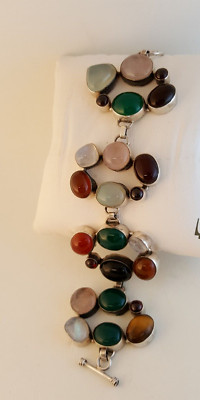 NATURAL JADE ONYX QUARTZ CARNELIAN  STONE  CABOCHON BRACELET ARTISAN LINKED