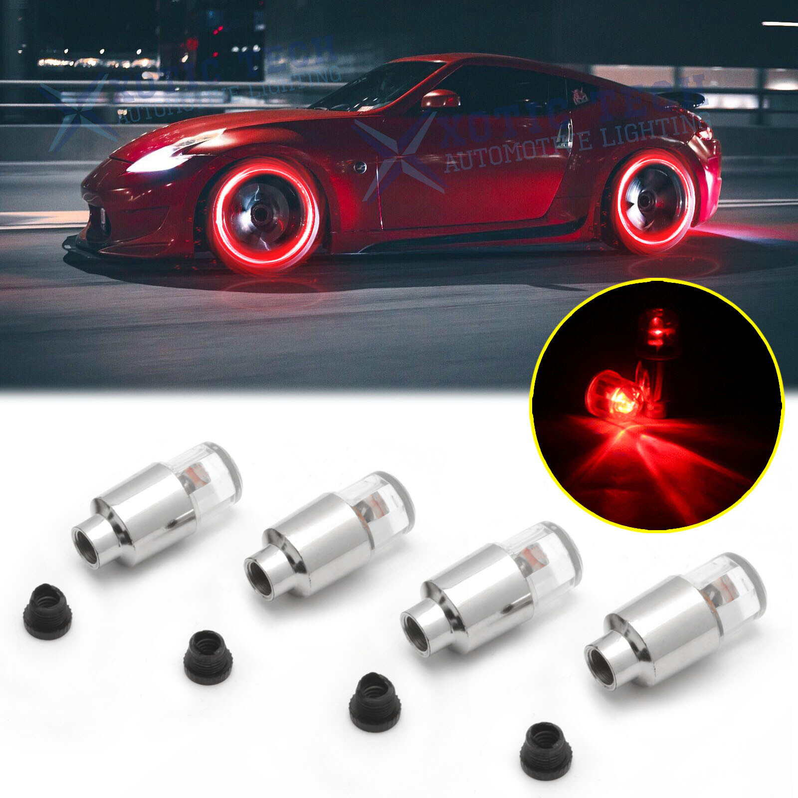 4x Racing Red LED Wheel Tyre Tire Air Valve Stem Light For Nissan 350Z