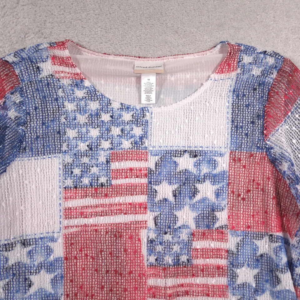 Camisa Alfred Dunner Mujer 1X Roja Blanca Azul Patriótica Manga 3/4 Adornada Foto 3 de 4