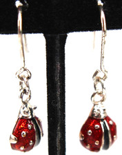Adorable Little Lady Bug 1" Drop Earrings 925 Silver Red Black Enamel Hook