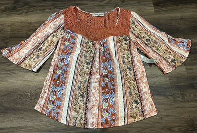 Absolutely Famous Women Orange Multi Color Blouse Shirt Top Boho Sz L