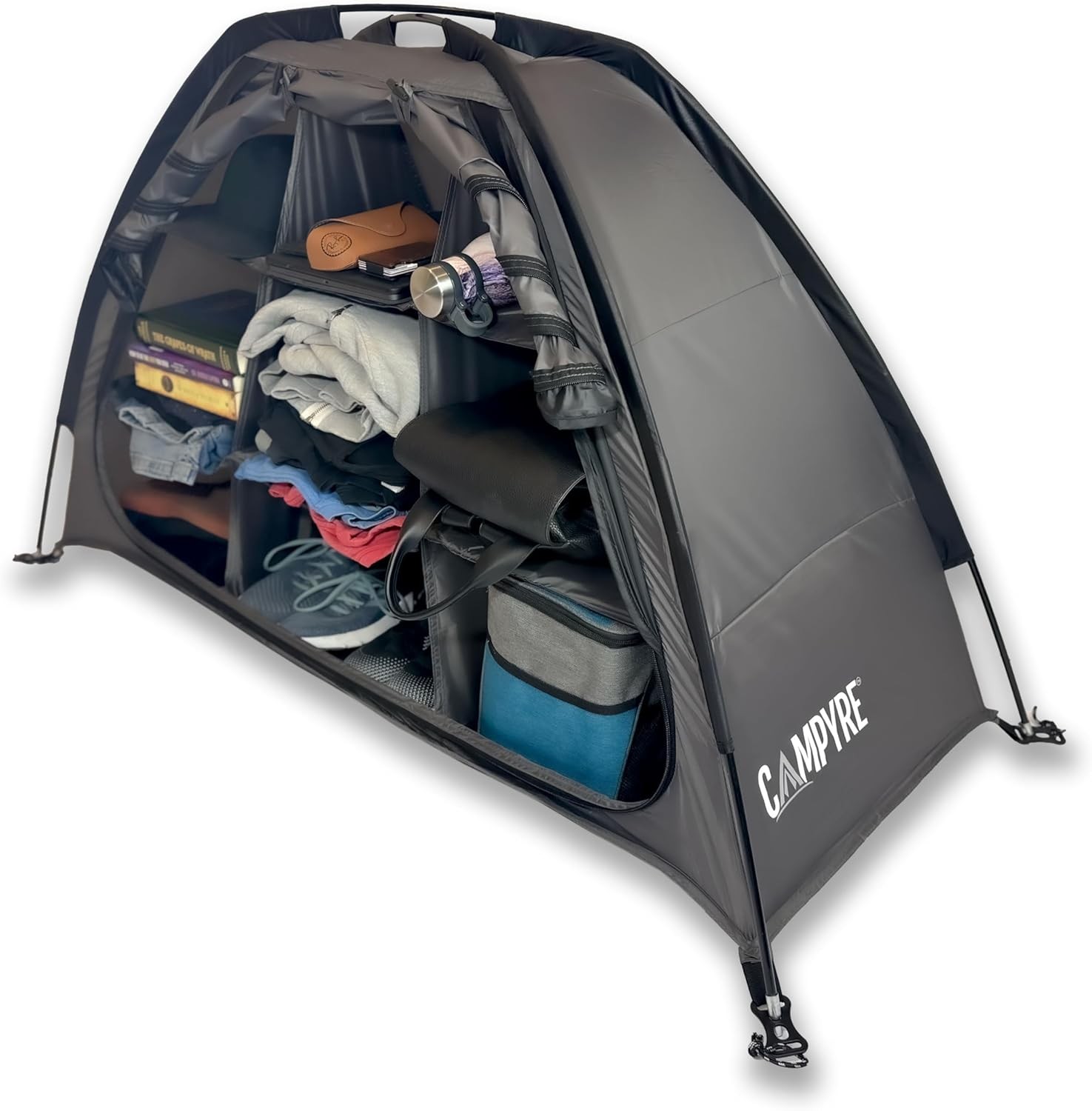 Tent & RV Camping Organizer with Zippered Flap, 9-Shelf Storage. black
