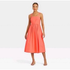 A New Day Womens Coral Orange Cotton Poplin Smocked Back Midi Dress Large