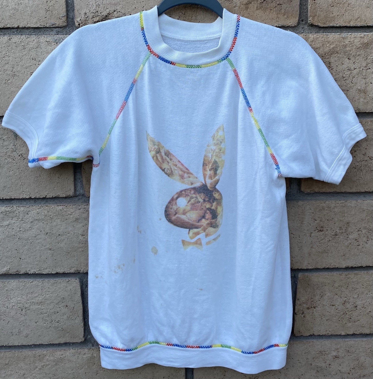Vintage Short Sleeve Raglan Sweatshirt Bunny Rabbit Collage Graphic Worn
