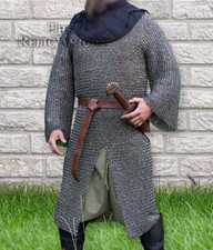 Medieval 9mm Mild Steel Chainmail Hauberk Full Sleeve Armor Shirt with Riding Sp