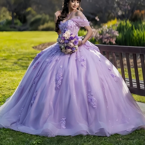 Vestidos de Quinceañera Lavanda Hombro Descubierto Encaje 3D Floral Vestidos de Baile Dulces 15 16 - Imagen 1 de 11