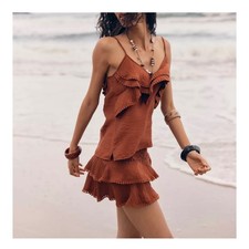 Zara Rust Tiered Ruffle Mini Skort Smocked Waist Crochet Trim Boho Chic