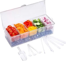 Ice Cooled Condiment Serving Tray, Deck Bar Garnish Caddy, 5 Compartments