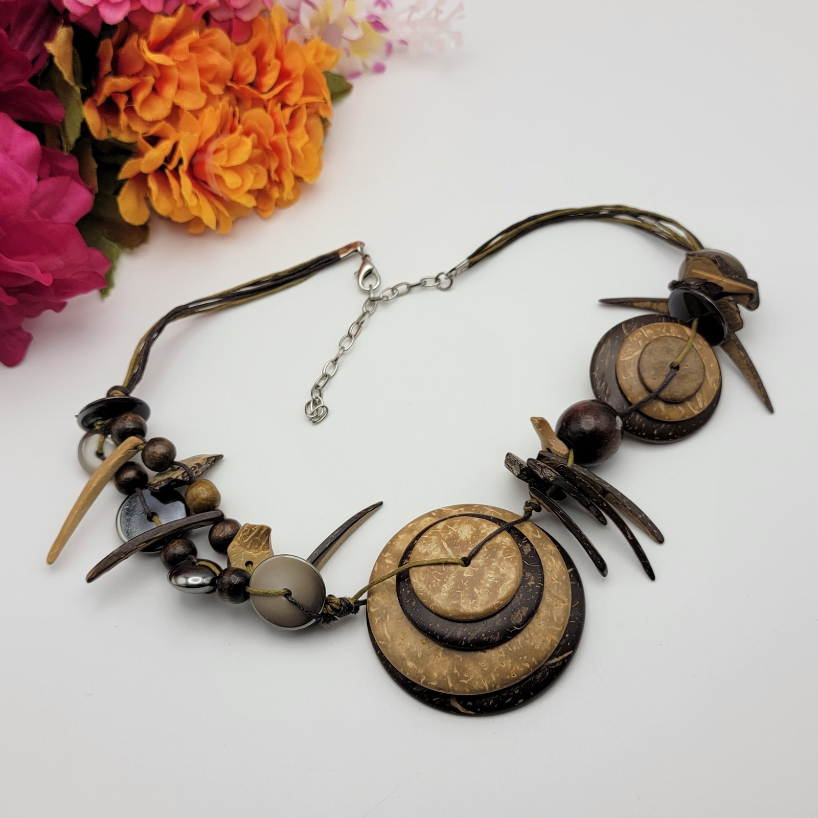 Artisan Coconut Shell Statement Cord Necklace 22"… - image 1