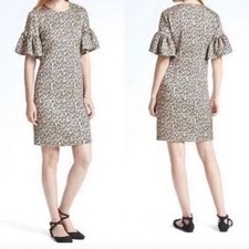 Banana Republic Leopard Print Metallic Ruffle Sleeve Mini Dress Satin Womens 8