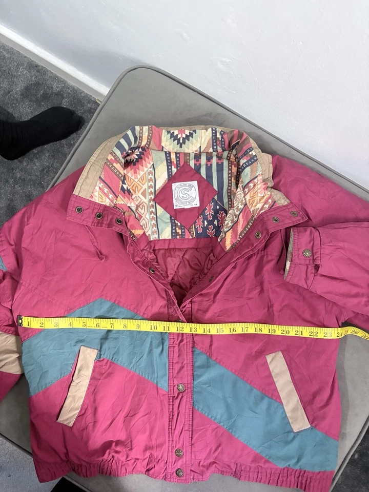 Vintage Aztec Pattern Collar Ski JacketBurgundy Teal Retro Windbreaker L - Image 2 of 2