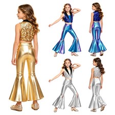 Girls Girls Dancewear Sequins Outfits One Shoulder Sets Bell-bottom Stage Wear