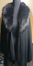 NWT Cejon Black Faux Fir Collar Shawl Wrap Around Poncho Cape One Size Soft Knit