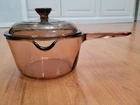 Corning Ware Visions 1L Saucepan Pot w/Spout Pyrex Lid Amber USA Vintage