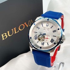 Bulova Marine Star Automatic Men's Watch White Dial Blue Rubber Strap 98A225