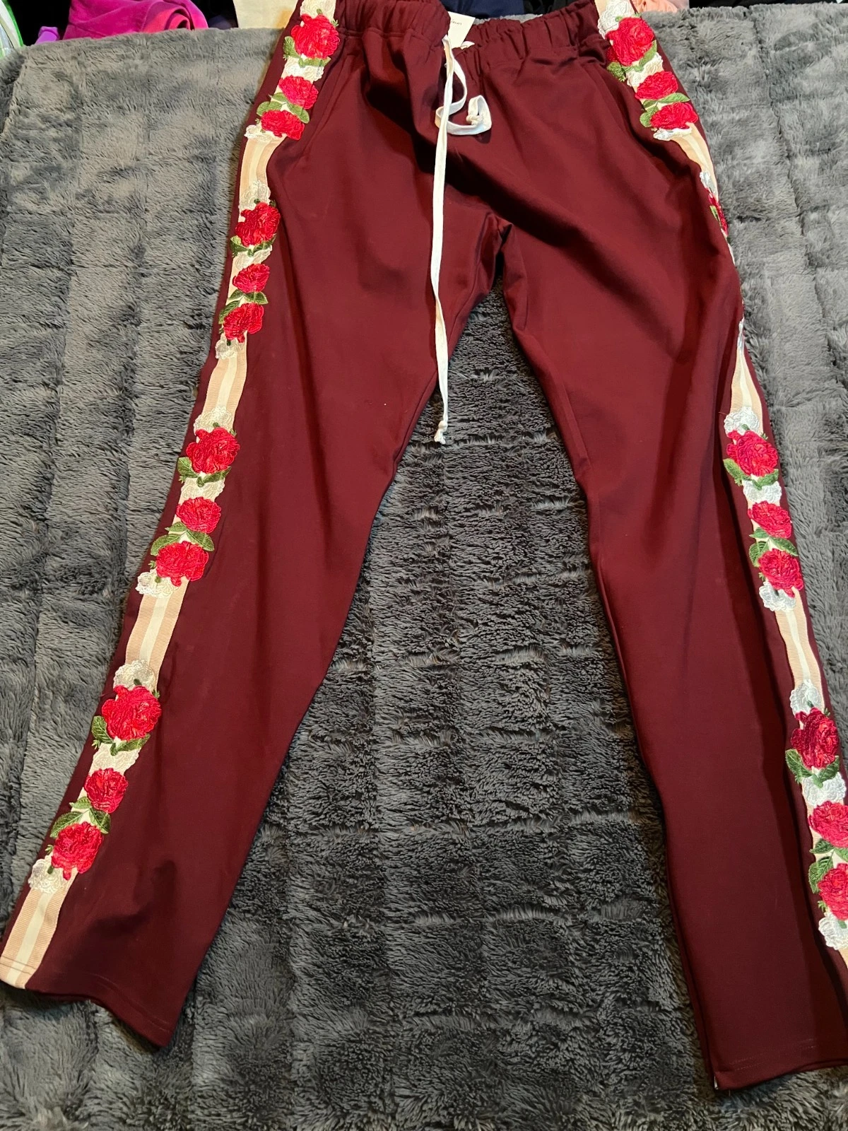 Lifted Anchors Trouser Pants Men's 3XL Maroon Floral Trim Skinny Slim Ankle Zip