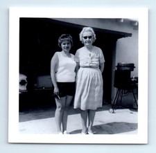 Old Vintage Square Photo PAIR WOMEN OUTSIDE GARAGE SUNGLASSES BBQ GRILL CAR