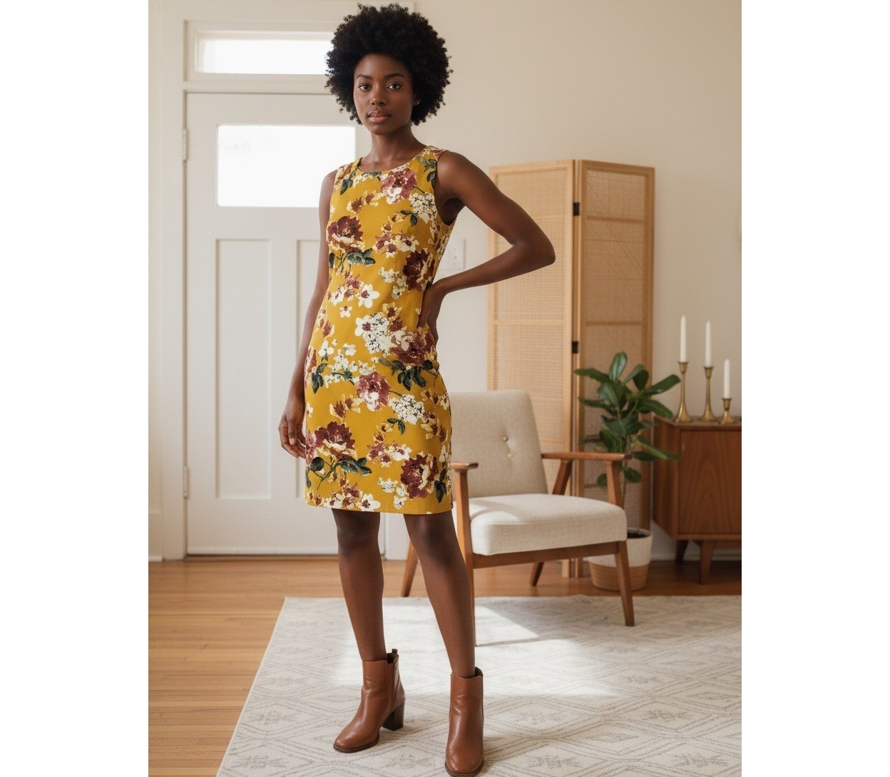 Apt. 9 Women Mustard Yellow Floral Sleeveless Sheath Dress Size 10 0536Y70
