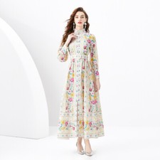 Spring/Summer Palace Style Stand Collar Lantern Sleeves Long Retro Printed Dress