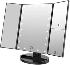 3 Folds Lighted Vanity Makeup Mirror,1X/2X/3X Magnification, 21 LED Light Black