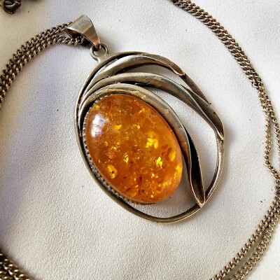 Collier Goutte D'ambre Style Art Nouveau Des Années 60 - Chaîne En Argent 925