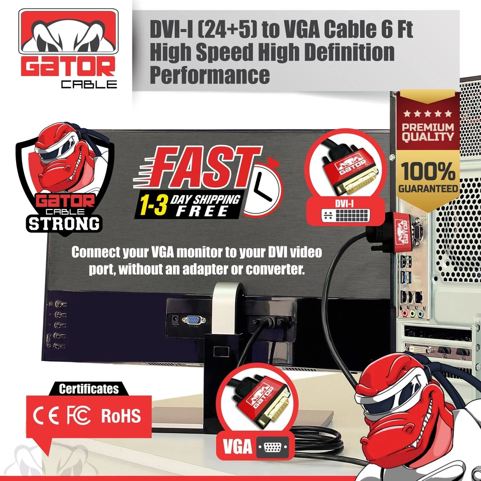 DVI-I to VGA Cable 24+5 Dual Link Male to Male Cord Video Monitor Adapter PC 6FT - Image 3 of 4