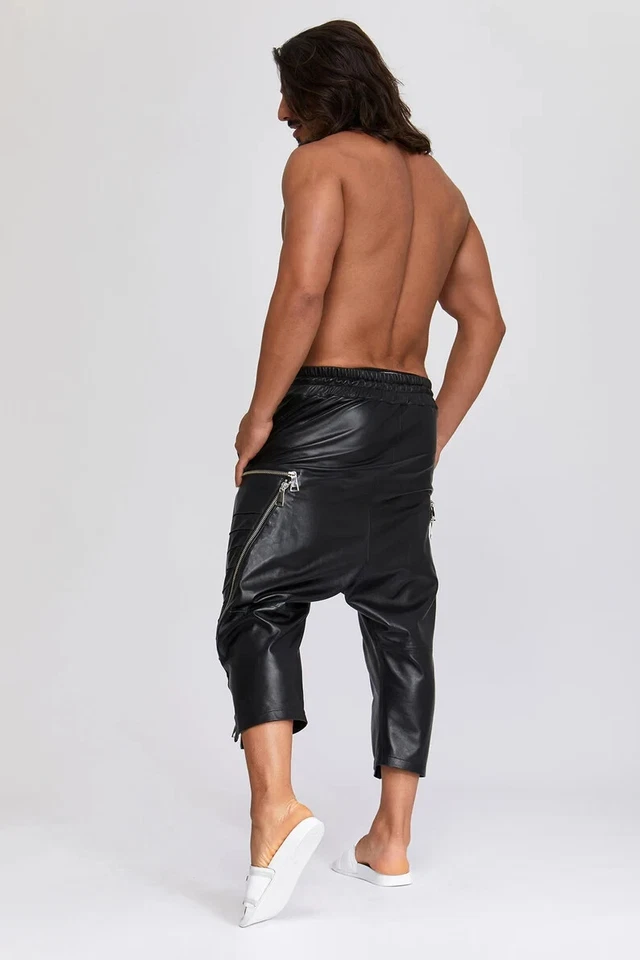 Pantalones harén negros de entrepierna caída de cuero sintético con cremalleras para hombre Foto 2 de 4