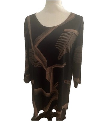 Clara Sun woo XL Tunic Top  Black Tan 3/4 Sleeves Art To Wear Slinky Abstract